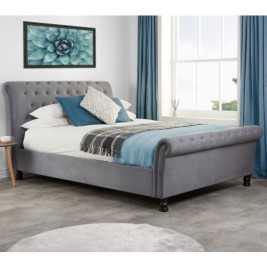 Opulence Grey Velvet Fabric Scroll Sleigh Bed