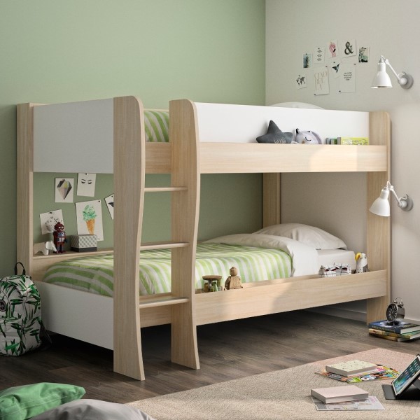 white wooden bunk beds with mattresses