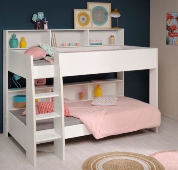 white wooden bunk beds with mattresses