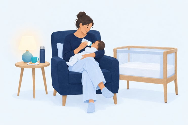 A parent awake in a chair feeding their baby at night, with a snack and a flask within reach and the cot beside them