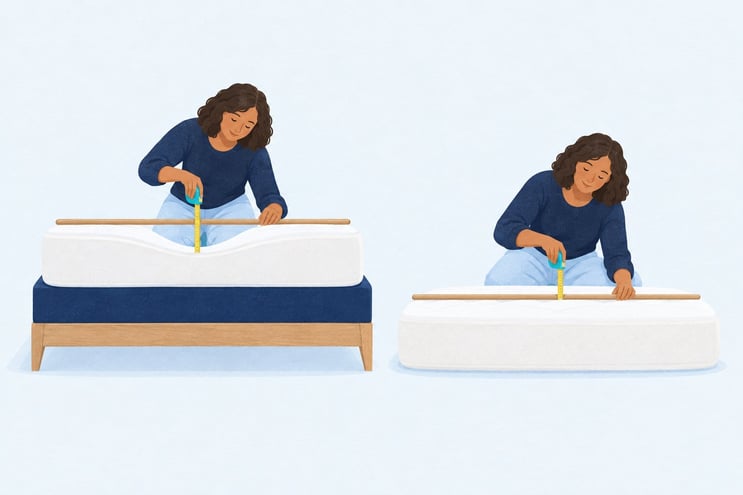 A broom handle across a dipping mattress on its base, and across the same mattress on the floor with almost no gap
