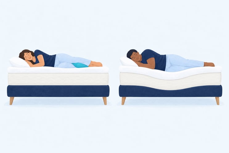 A topper sitting flat on a firm mattress beside a topper sinking into the dip of a sagging mattress