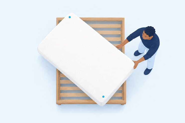 A person turning a foam mattress head to foot on a bed base with legs and no valance