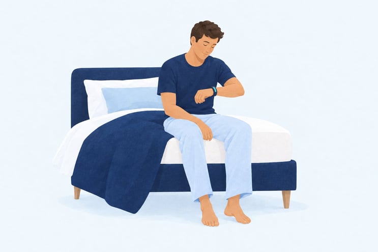 A person glancing at a sleep tracker on their wrist in the morning