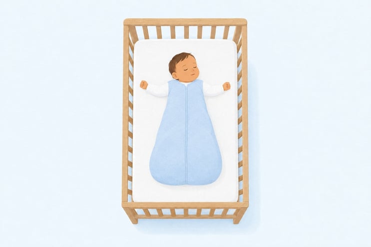 A baby asleep on their back in a well-fitted sleeping bag in a bare cot