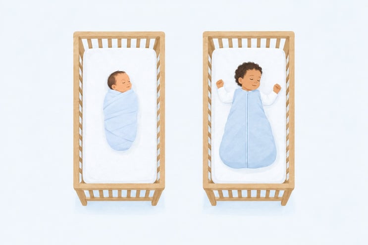 A swaddled newborn beside an older baby in a sleeping bag with arms out, both on their backs