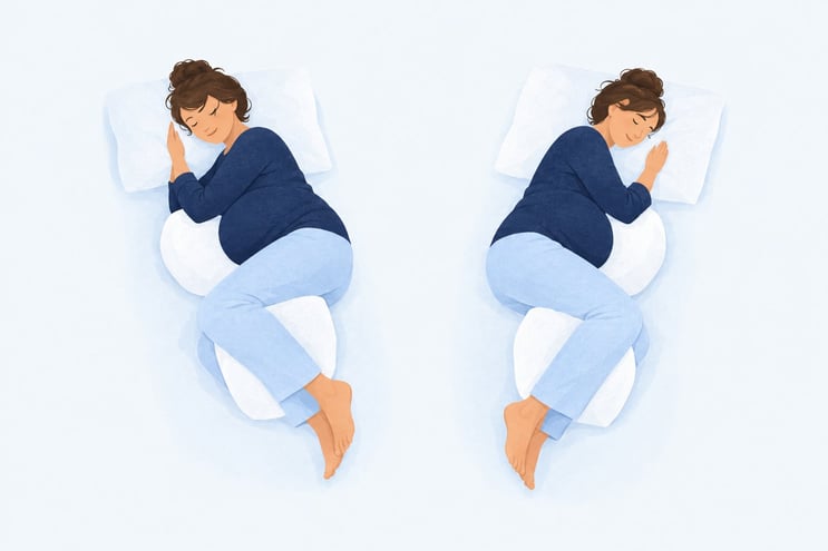 A pregnant woman asleep on her left side and on her right side, with pillows under her bump and between her knees