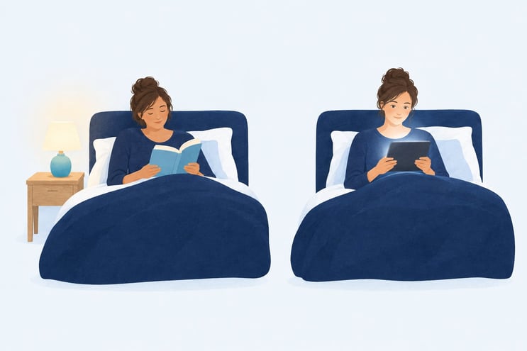 A woman reading a paperback by lamplight, and the same woman wide awake reading a bright tablet