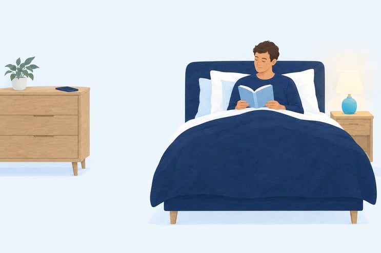 A man sitting up against the headboard reading, with his phone out of reach across the room