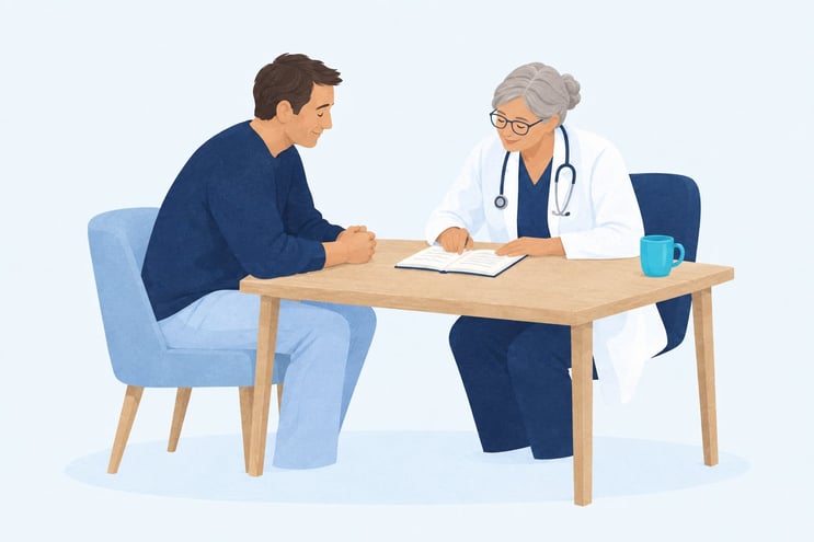 A man showing his open notebook to a GP across a desk