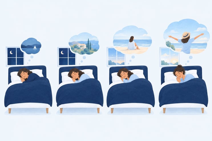 A sleeper across one night, with dream bubbles growing larger towards morning