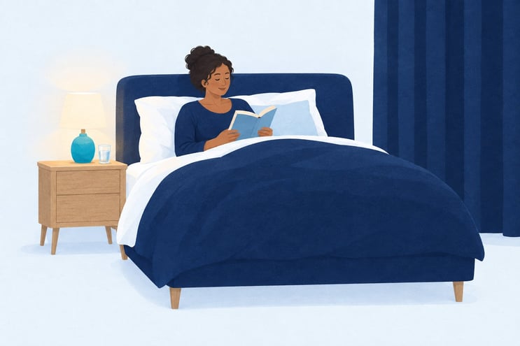 A person reading a familiar book in bed by lamplight