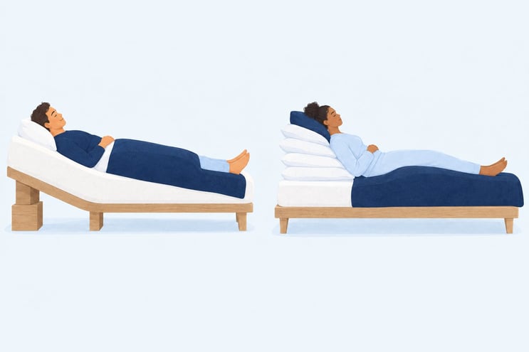 A bed raised on blocks at the head end beside a person bent at the waist on a stack of pillows