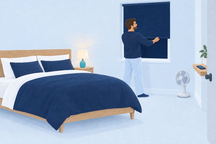 A man pulling a blackout blind down in a bedroom, with the bed made and his phone on a shelf by the door