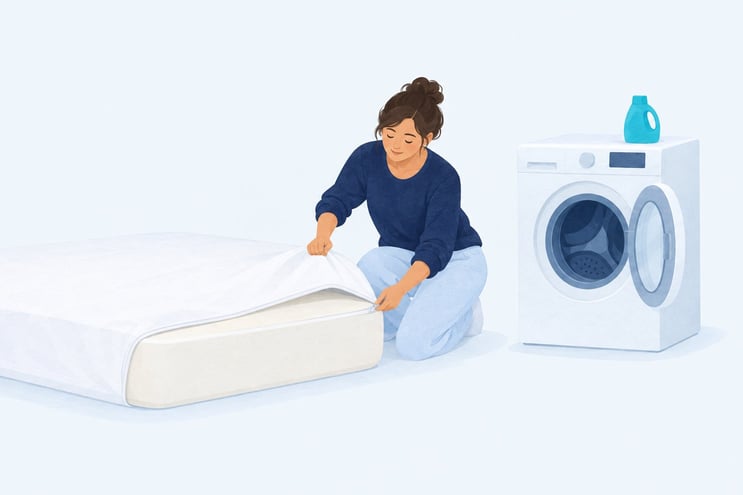 A person removing a zip-off mattress cover to wash it