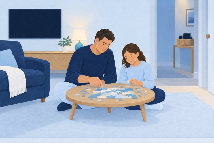 A father and daughter doing a jigsaw under a lamp, with phones and a tablet in a basket on the hallway shelf
