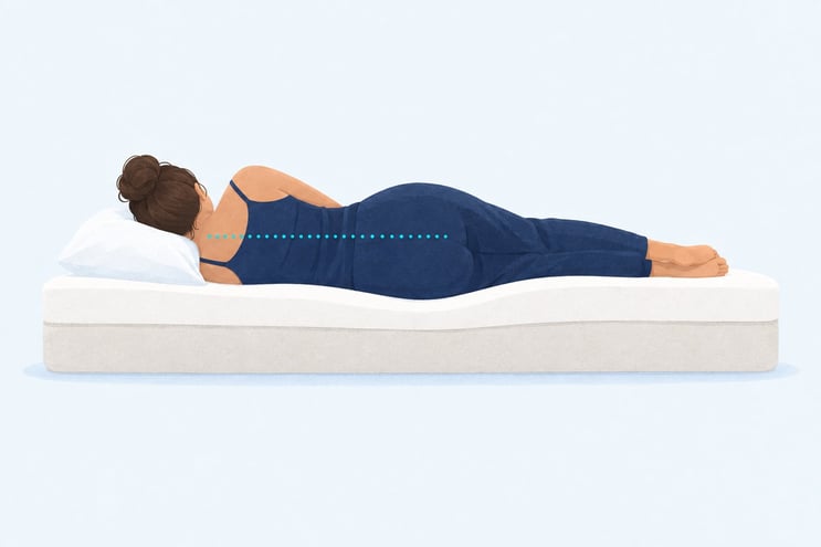 A side sleeper's shoulder and hip sinking into a soft comfort layer, with her spine level along a dotted line