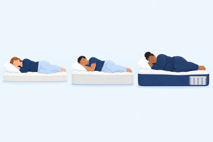 Three side sleepers of different builds on mattresses of different firmness, each sinking the same small amount