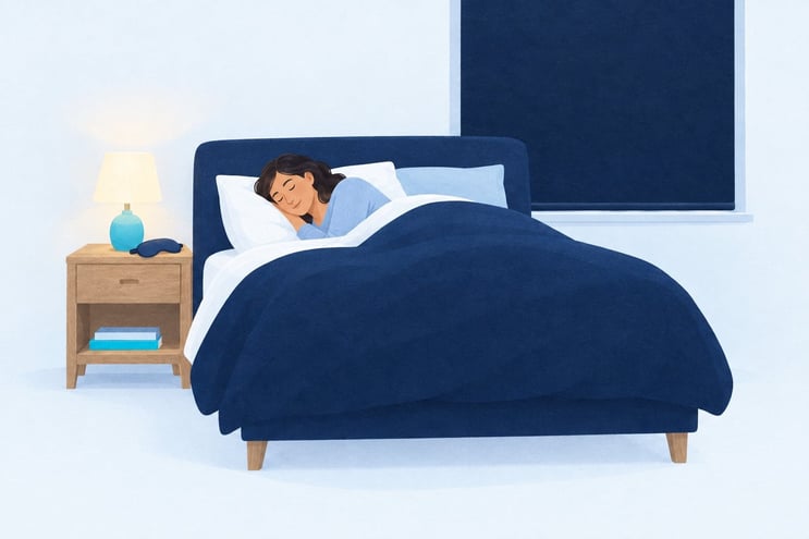 A dark bedroom with the blinds down and an eye mask on the bedside table