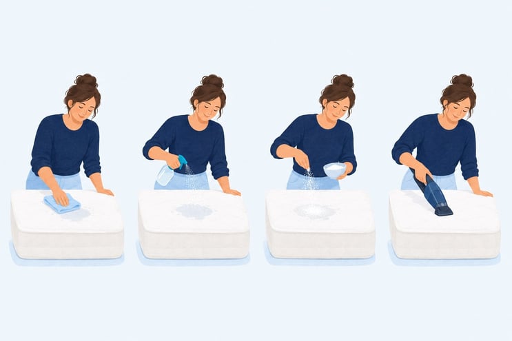 Four steps on a mattress: blotting a stain, spraying it, sprinkling baking soda and vacuuming