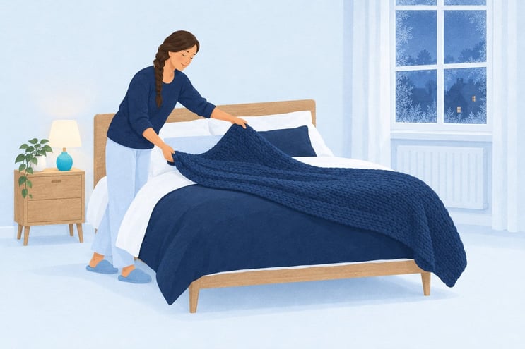 A woman laying an extra knitted blanket over the duvet in a cool bedroom