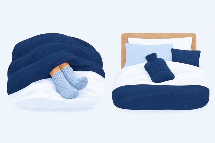 Feet in knitted bed socks, and a hot water bottle in a knitted cover on a bed