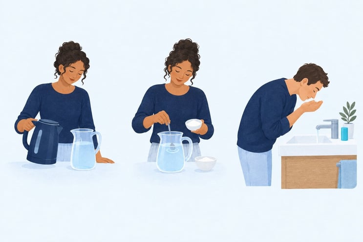 Making a salt-water nose rinse and sniffing it from a cupped hand over a sink