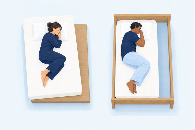 A mattress slid off-centre on a base without rails, and a mattress narrower than its frame