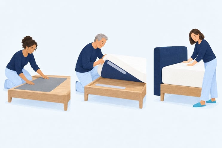 Three ways to stop a mattress sliding: a non-slip pad on the base, hook-and-loop strips between base and mattress, and a headboard holding the head end