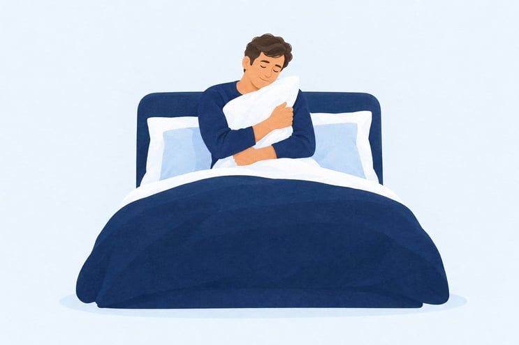 A man in bed holding a pillow against his chest