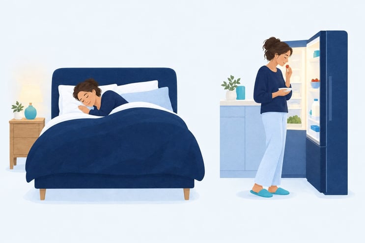 A woman asleep in bed, and the same woman up late eating from the fridge