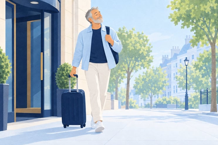 A traveller wheeling a case out of a hotel into bright daylight