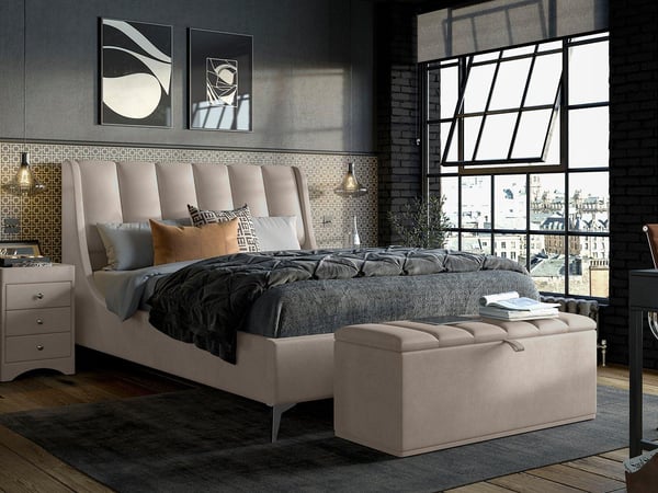 Neva velvet finish upholstered top ottoman bed frame