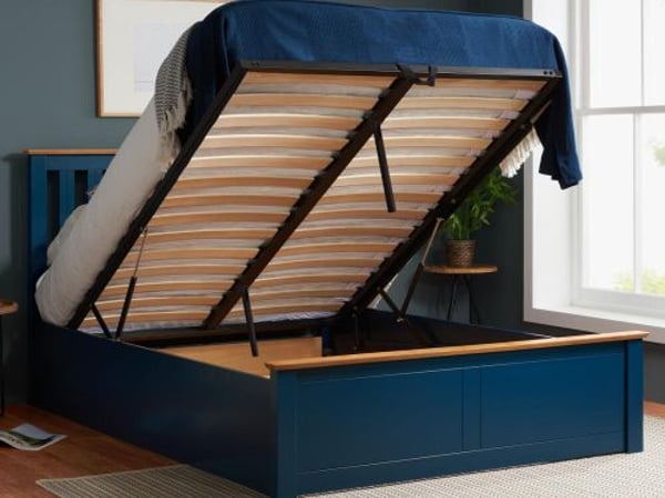 Phoenix Navy Blue Wooden Ottoman Storage Bed